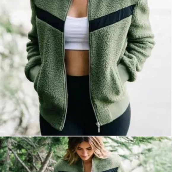 Zyia Active Olive Flying V Fleece Sherpa Full Zip Bomber Jacket - Picture 1 of 5